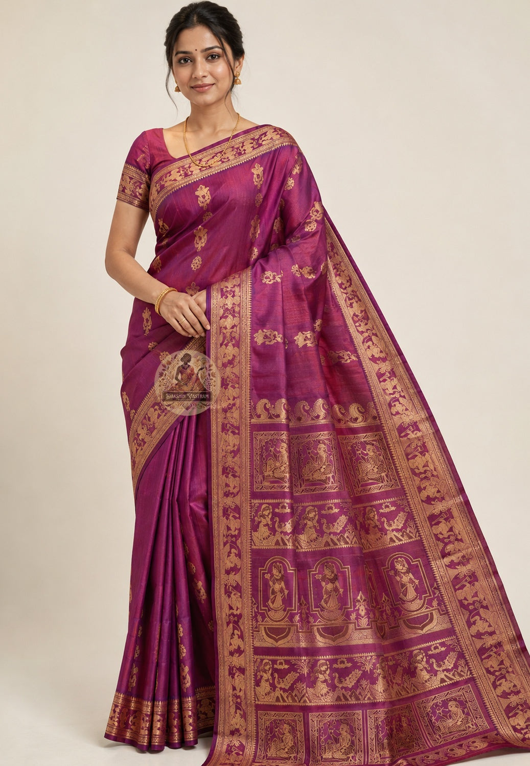 Front view of Baluchari Silk Saree with handwoven Durga Mahishasuramardini and celestial court motifs, West Bengal