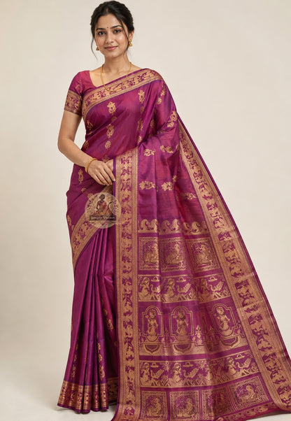 Front view of Baluchari Silk Saree with handwoven Durga Mahishasuramardini and celestial court motifs, West Bengal