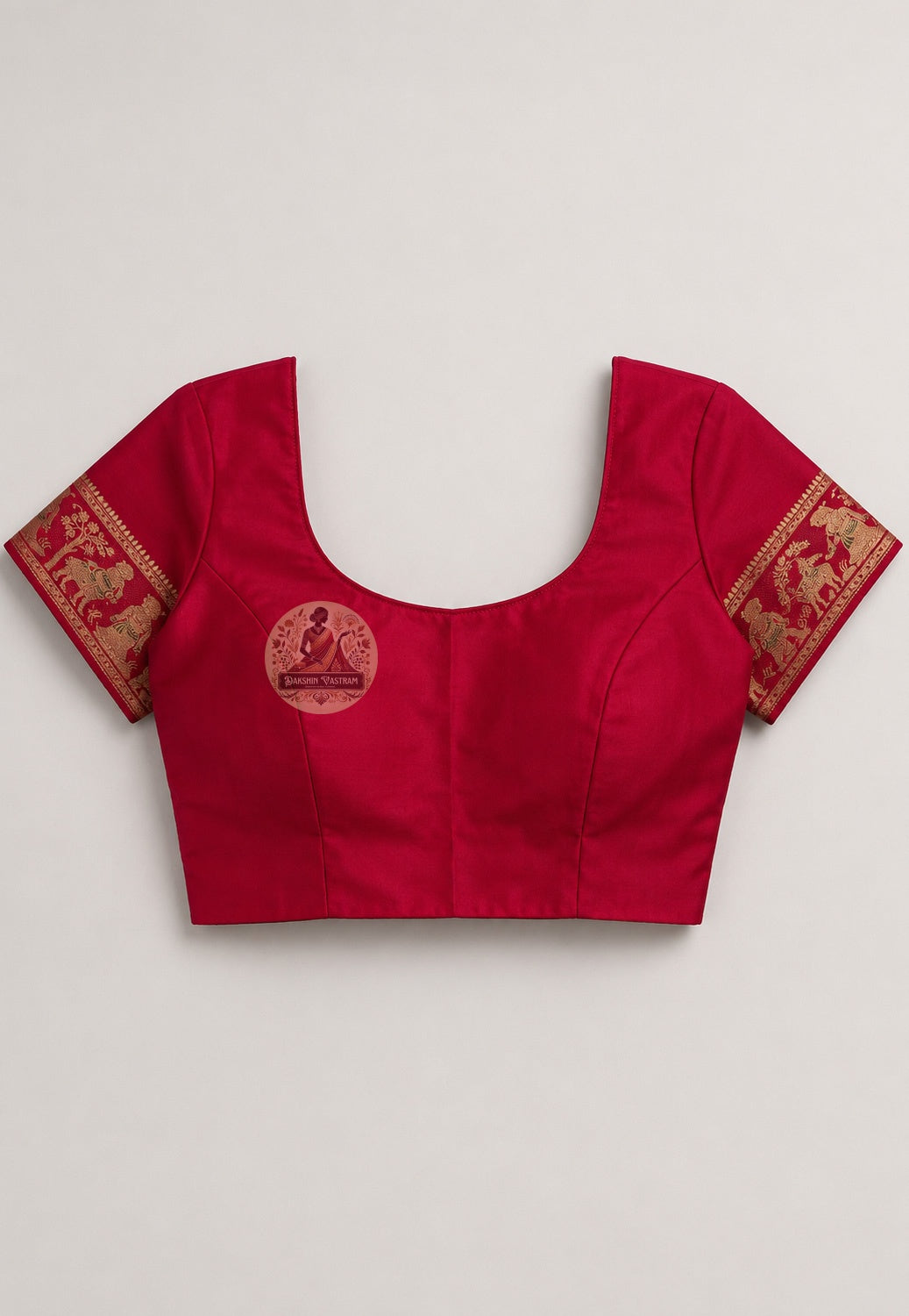 Close-up of matching blouse piece for Swarnachari silk saree with golden zari border detailing, handloom Bengal