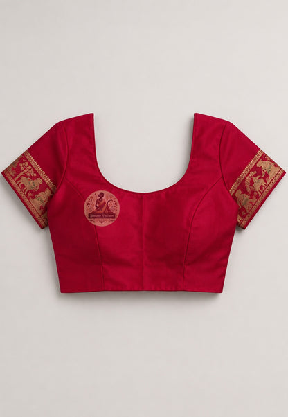 Close-up of matching blouse piece for Swarnachari silk saree with golden zari border detailing, handloom Bengal