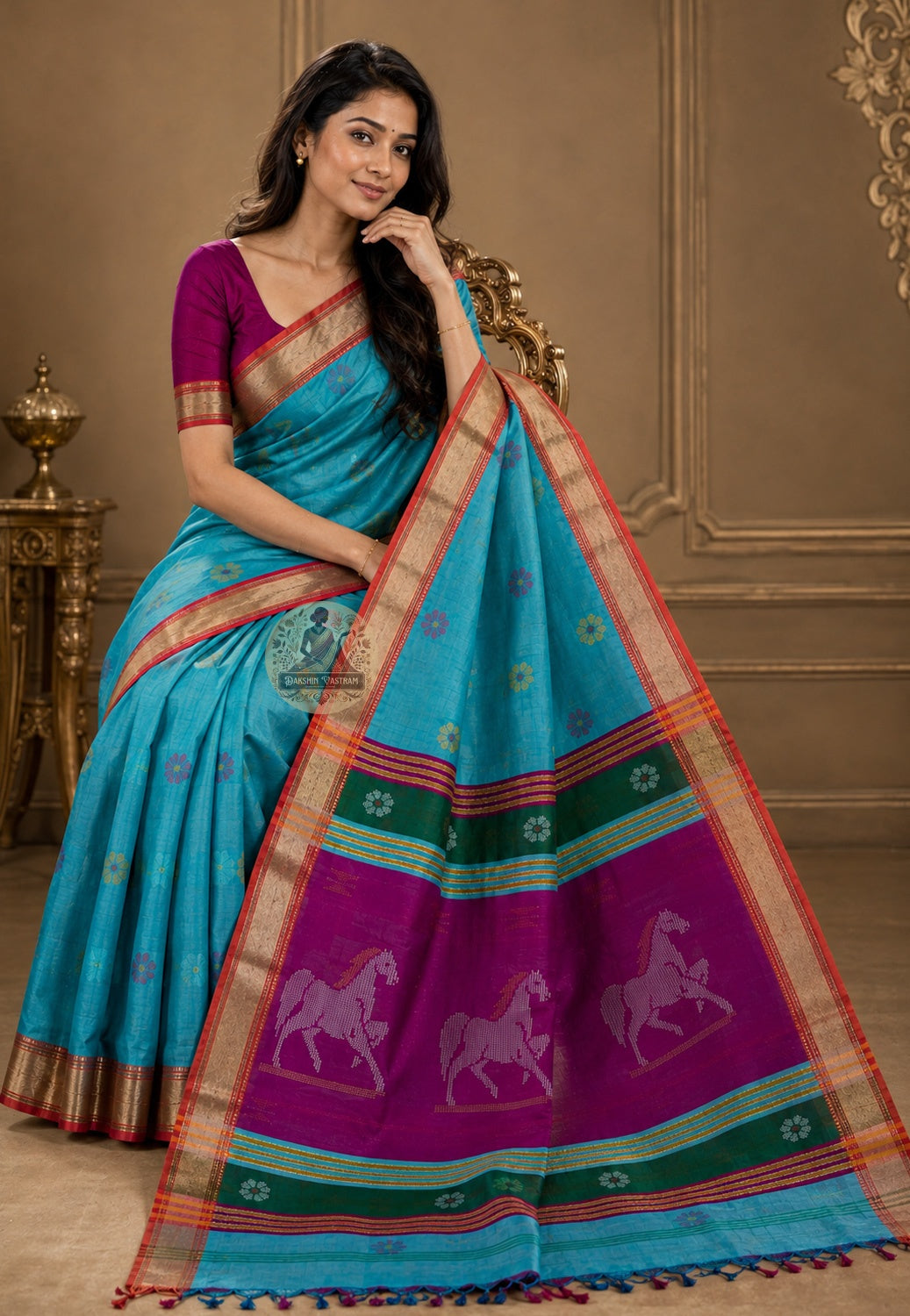 Front view of woman wearing Bishnupur Katan Silk Saree with georgette blouse Raksha Bandhan sisters gifting occasion
