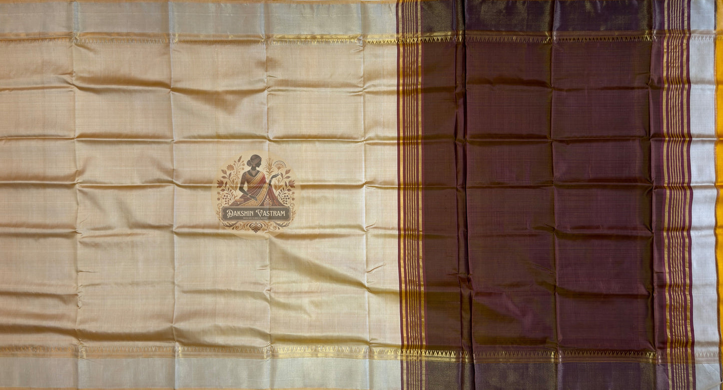 Flat lay of Bishnupuri Pure Katan Silk saree showing full 6-yard length, dense structured pallu and precision woven border