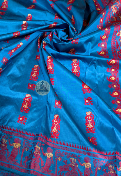 Close-up of the pallu of Bishnupur Baluchari saree with Ramayana narrative panels woven in pure silk by Bankura artisans