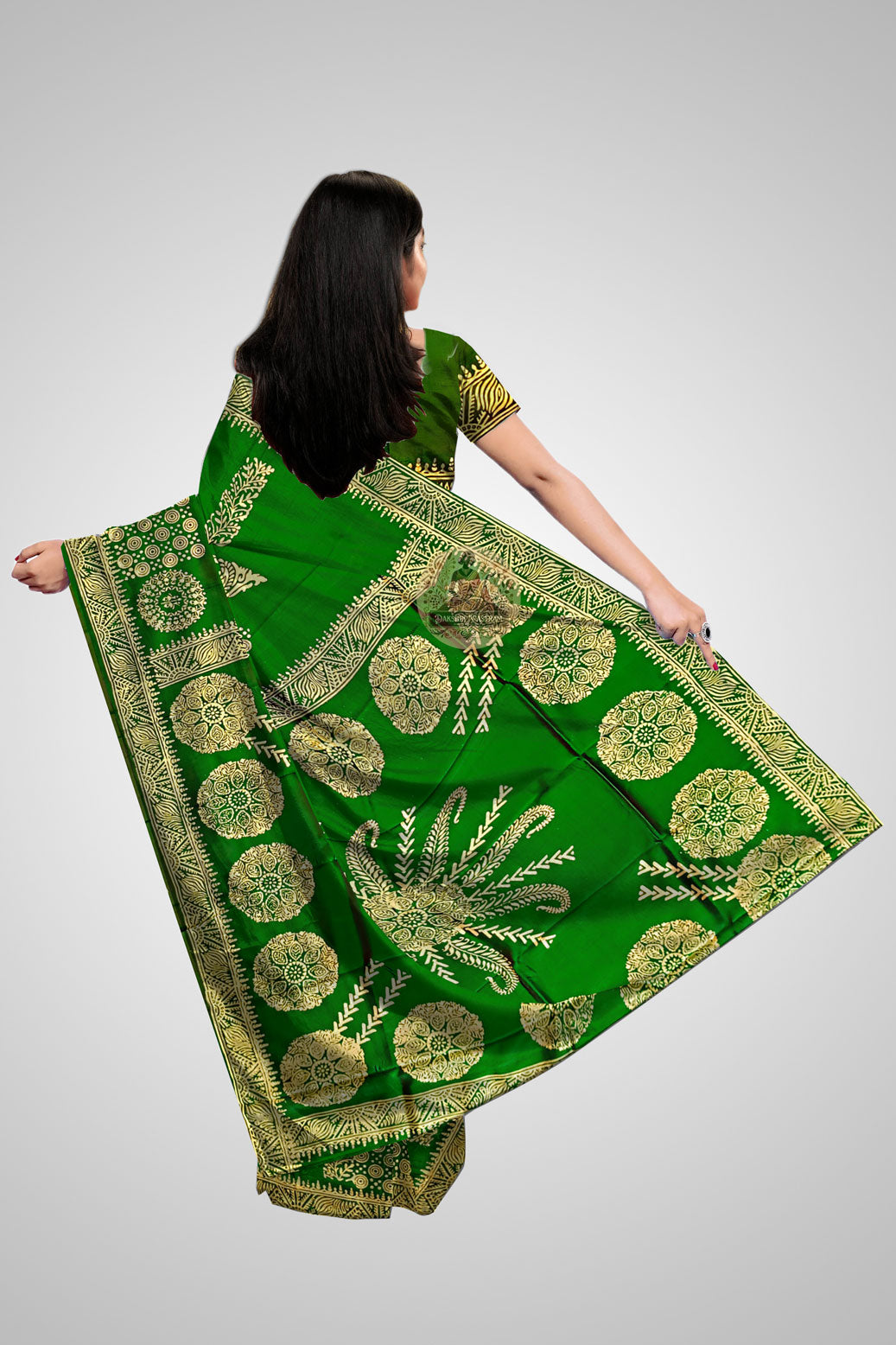 Buy Indian Katan Silk Saree – Rear view featuring traditional craftsmanship