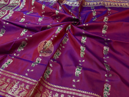 Full flat-lay view of Baluchari Pure Silk Saree showing complete handwoven silk body with Baluchari buti, traditional motif border, and richly illustrated narrative pallu from Bengal's storytelling weaving tradition