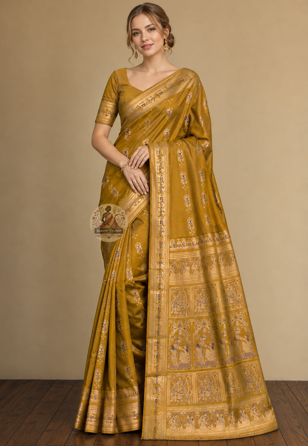 Front view of handloom Swarnachari pure cotton saree with golden motifs, West Bengal weave, festive drape