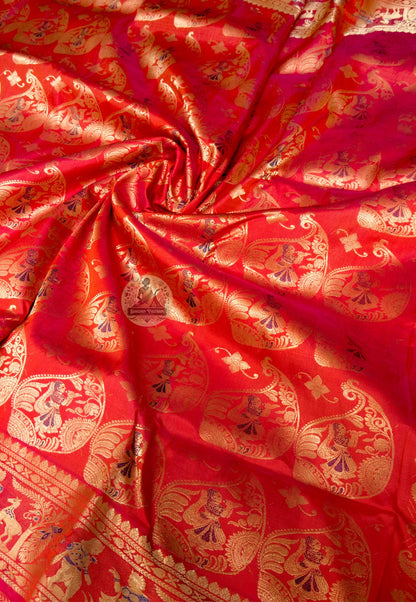 Full flat-lay of Swarnachari Pure Katan Silk Saree with matching blouse piece golden zari Durga Ashtami Bishnupur Bengal handloom
