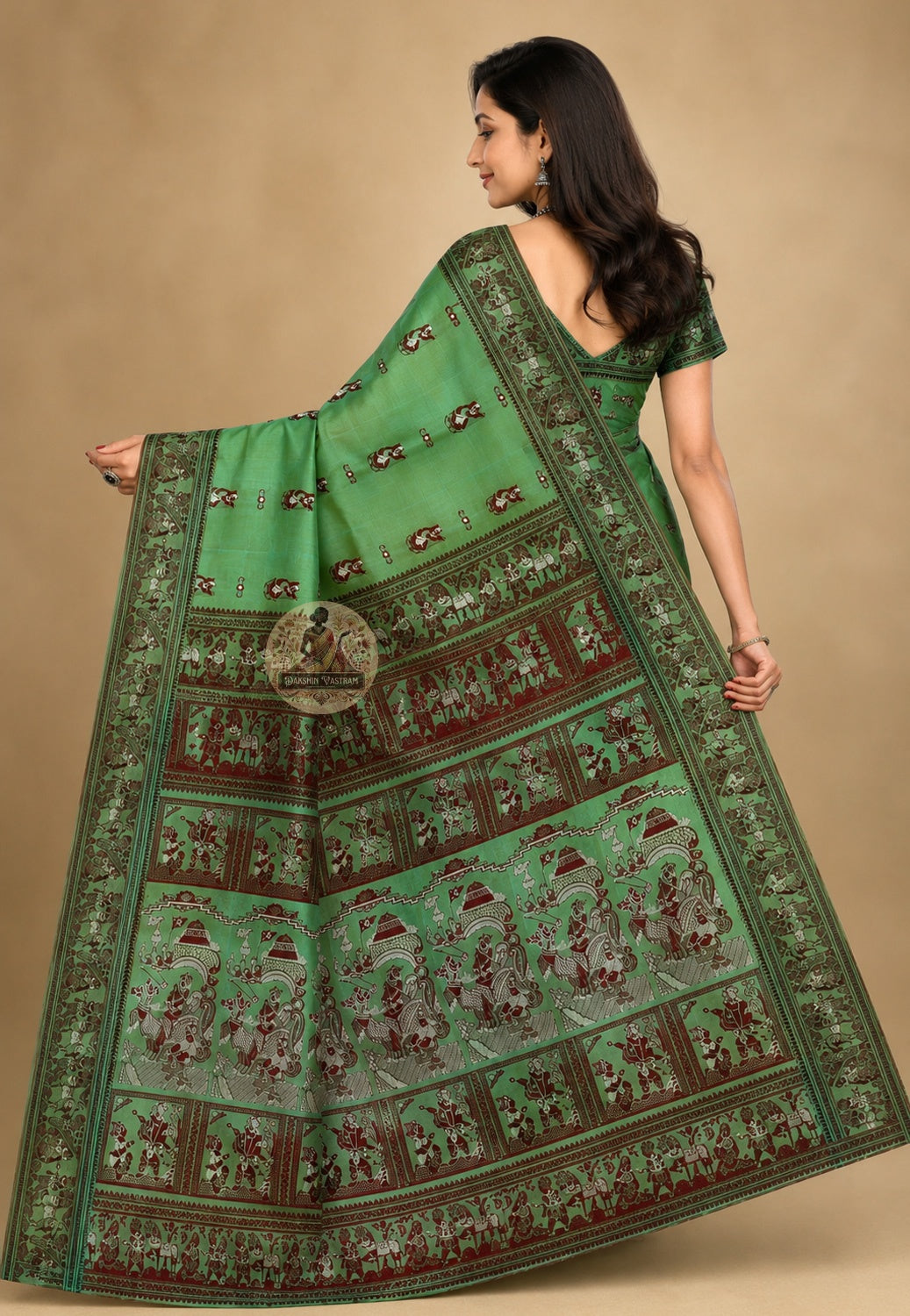 Rear view of handwoven Baluchari Silk Saree revealing the full pallu with Mahabharata and Ramayana narrative motifs woven thread by thread in Bishnupur Bengal