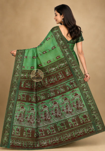 Rear view of handwoven Baluchari Silk Saree revealing the full pallu with Mahabharata and Ramayana narrative motifs woven thread by thread in Bishnupur Bengal