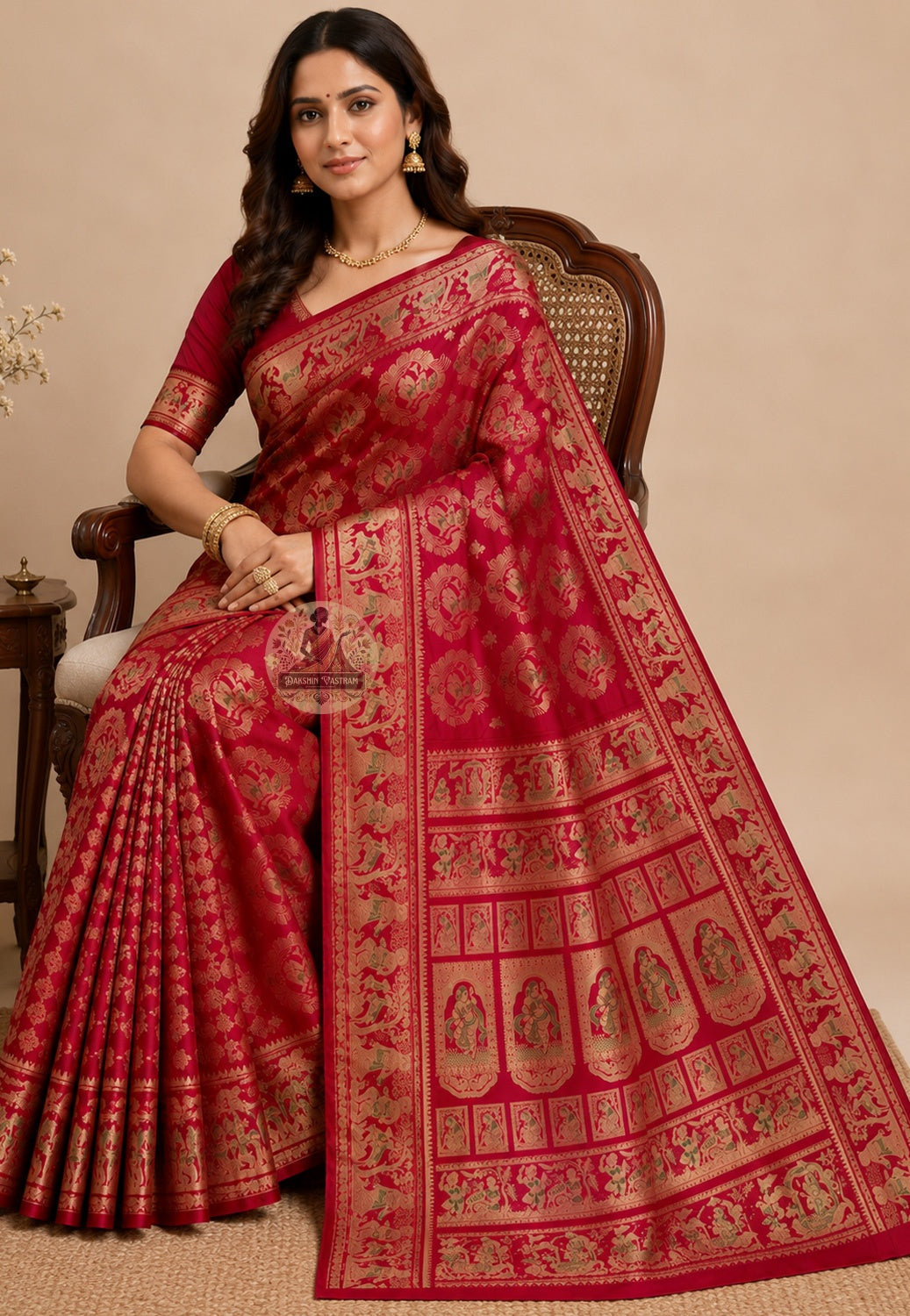 Side view of Swarnachari handloom silk saree showing golden zari border and natural drape, Bengal weave