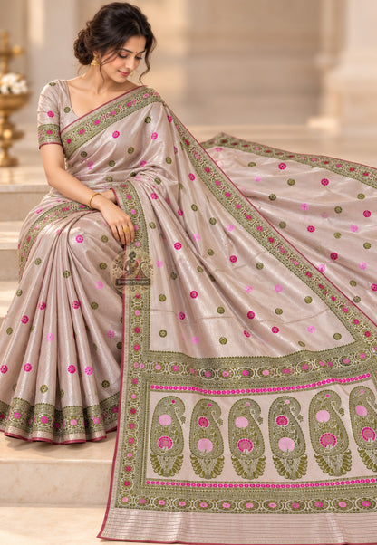 Rear view of taupe Baluchari silk saree with the paisley pallu draped over the shoulder