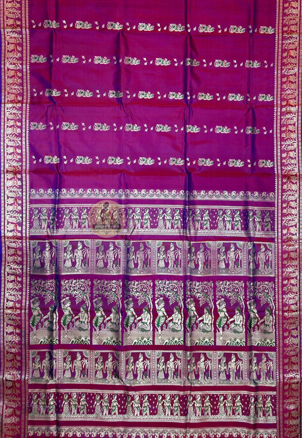 Close-up of running blouse fabric from Baluchari Pure Silk Saree set, featuring coordinating handwoven pure silk with complementary traditional Baluchari motif border detail