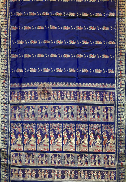 Close-up of running blouse fabric from Baluchari Pure Silk Saree set, featuring coordinating handwoven pure silk with complementary traditional Baluchari motif border detail