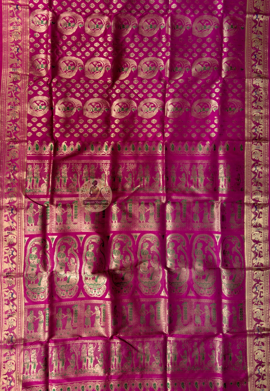 Close-up of pure golden zari Ardhanarishvara half-Shiva half-Parvati divine union form woven into pallu Bishnupur Swarnachari craft