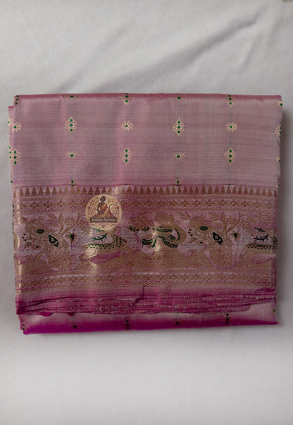 Full saree view of Swarnachari pure silk Bengal heritage golden zari handloom saree with matching blouse piece for Indian weddings Durga Puja Diwali Navratri and diaspora gifting