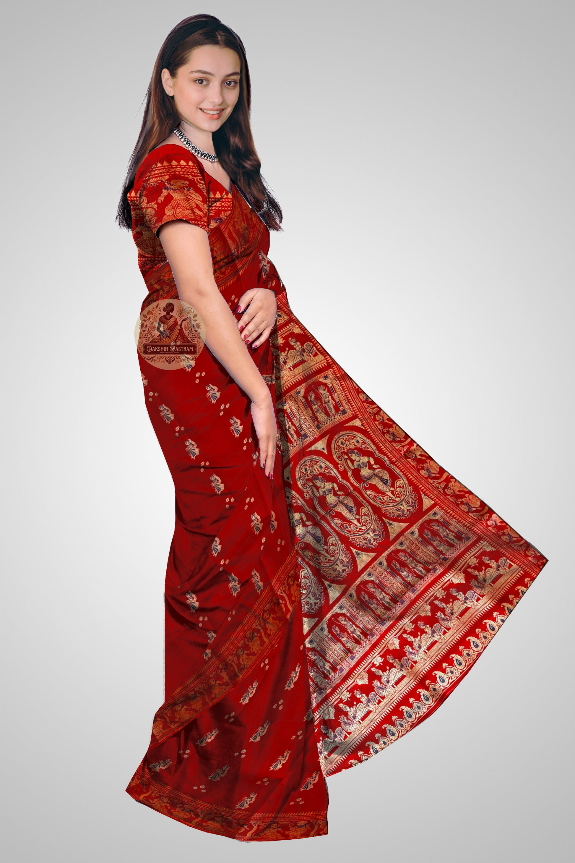 Buy Baluchari Silk Saree in London – Rear view showing pallu artwork