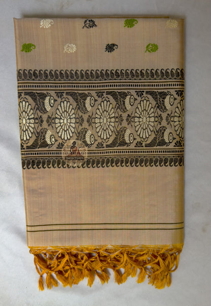 Detail of stole end panel of Baluchari pure silk stole showing Ramayana court scene and Bishnupur temple art narrative motifs individually woven in pure silk thread