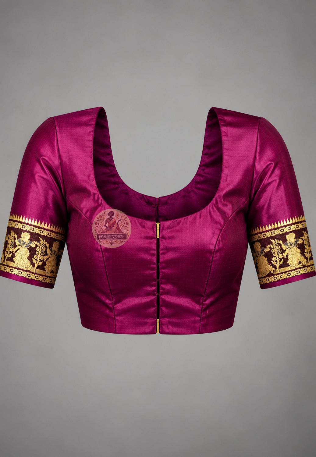 Matching coffee blouse piece included with coffee Baluchari pure silk narrative saree, pre-woven in the same coffee Baluchari silk by Bishnupur West Bengal handloom artisan weavers