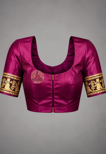 Matching coffee blouse piece included with coffee Baluchari pure silk narrative saree, pre-woven in the same coffee Baluchari silk by Bishnupur West Bengal handloom artisan weavers