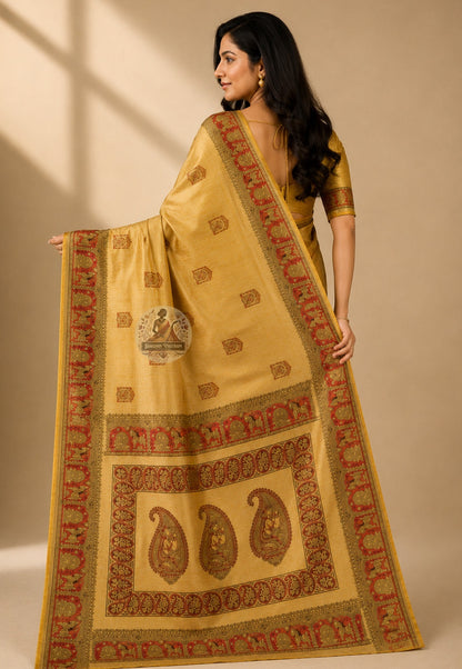 Side view of Bishnupur Pure Katan Silk Saree showing structured luxury drape and geometric handloom border