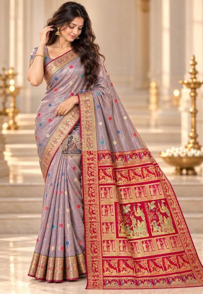 Front view of lavender-grey Baluchari silk saree with multicoloured small motifs and a red narrative pallu