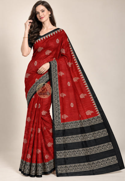 Front view of Ghicha Tussar pure silk everyday saree with natural slub texture and earthy matte lustre, handloom woven in West Bengal for daily and festive wear