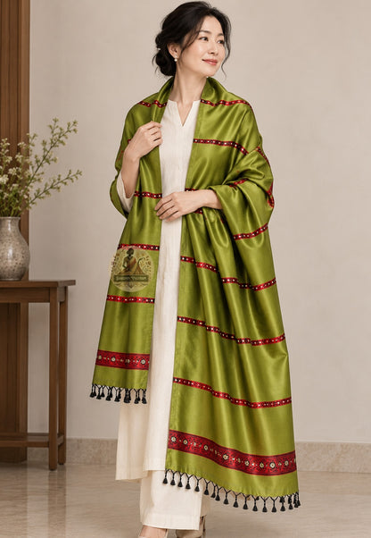 Front view of Bishnupur Baluchari pure silk contemporary festive stole with mythological narrative motifs, handwoven by artisan weavers in West Bengal