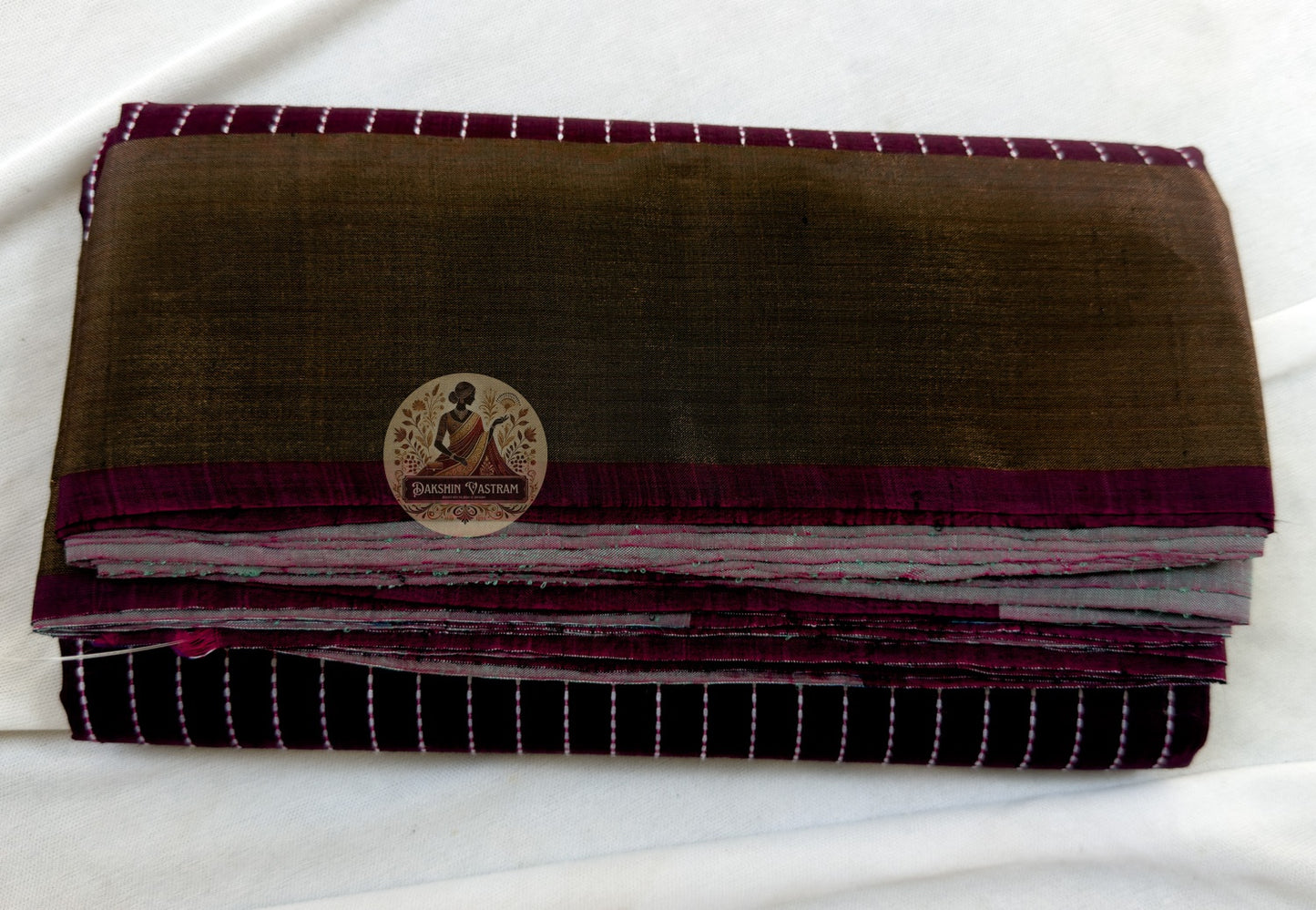 Full view of Bishnupur Pure Katan Silk Saree laid flat, handloom West Bengal, with blouse piece