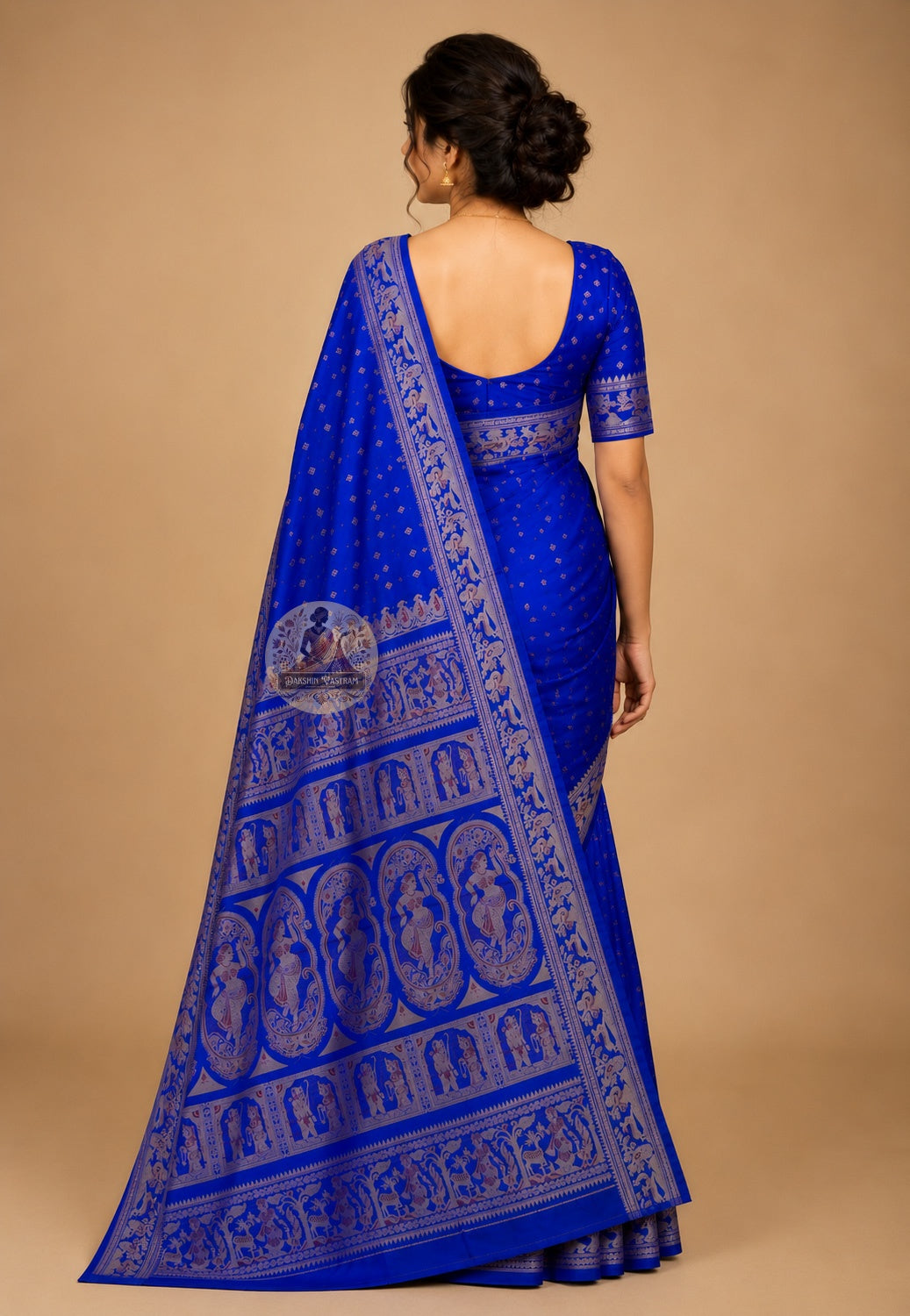Rear view of Swarnachari handloom silk saree with full golden zari pallu displaying mythological motifs, Bengal