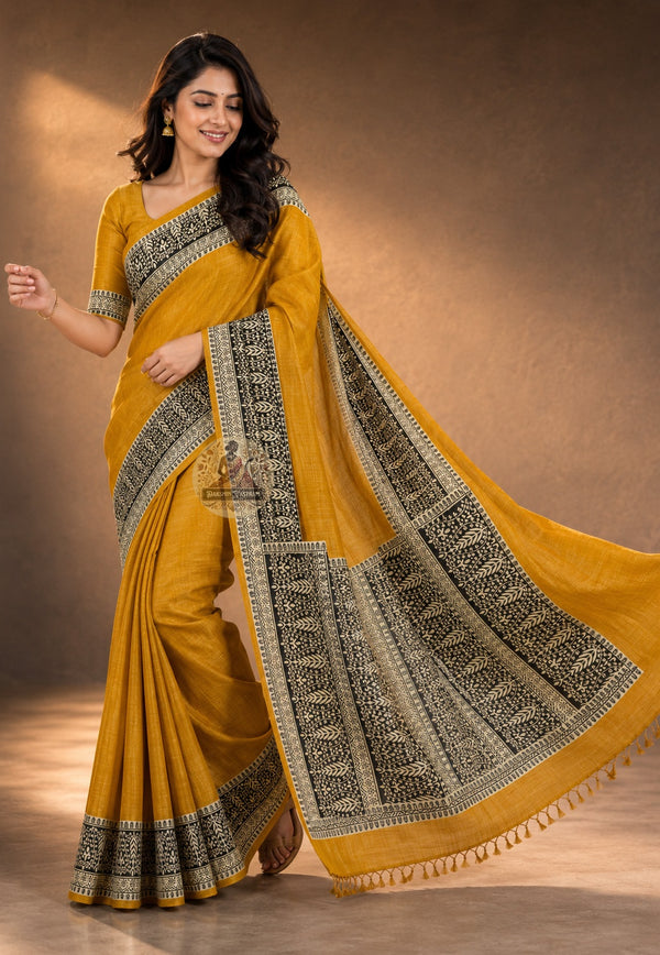 Front view of Ghicha Tussar Silk Saree in natural earthy tone, handwoven raw silk with nubby texture, draped on model for Teej and Durga Puja celebrations in Jaipur and Kolkata