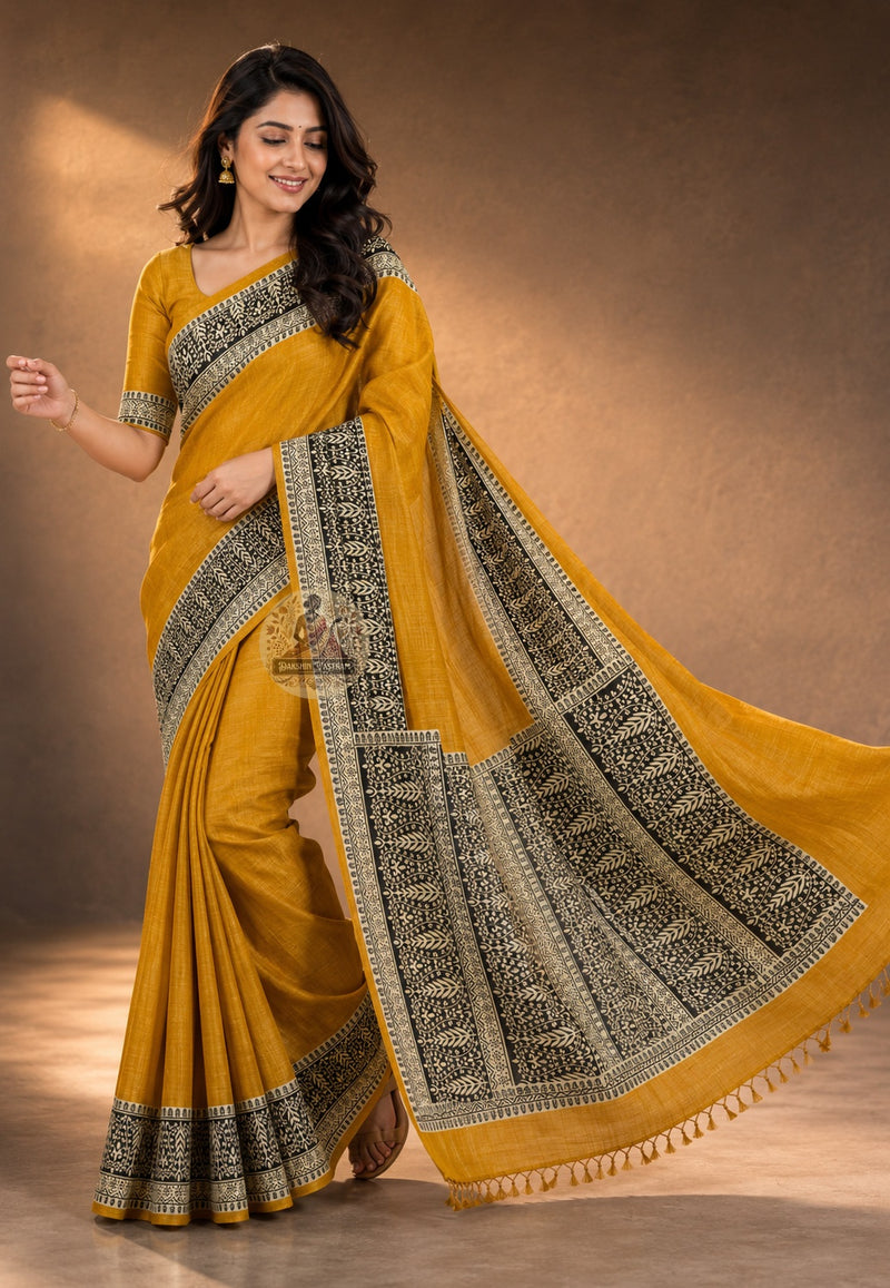 Front view of Ghicha Tussar Silk Saree in natural earthy tone, handwoven raw silk with nubby texture, draped on model for Teej and Durga Puja celebrations in Jaipur and Kolkata