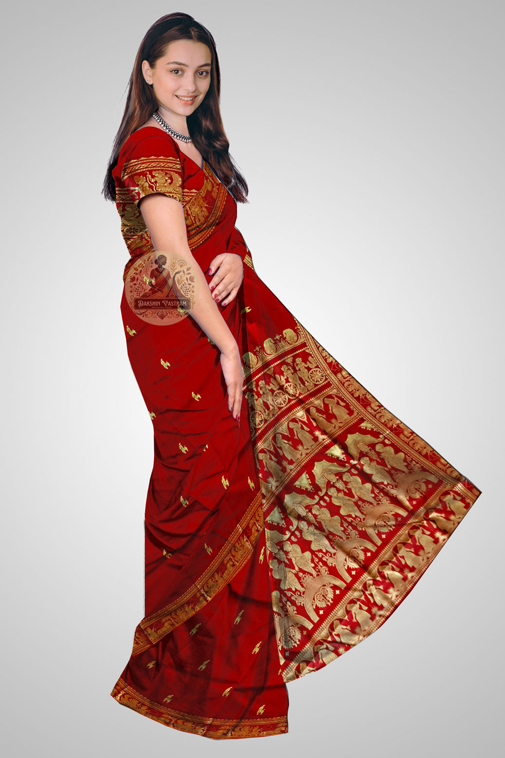 Shop Handwoven Baluchari Saree online – Side profile showcasing drape