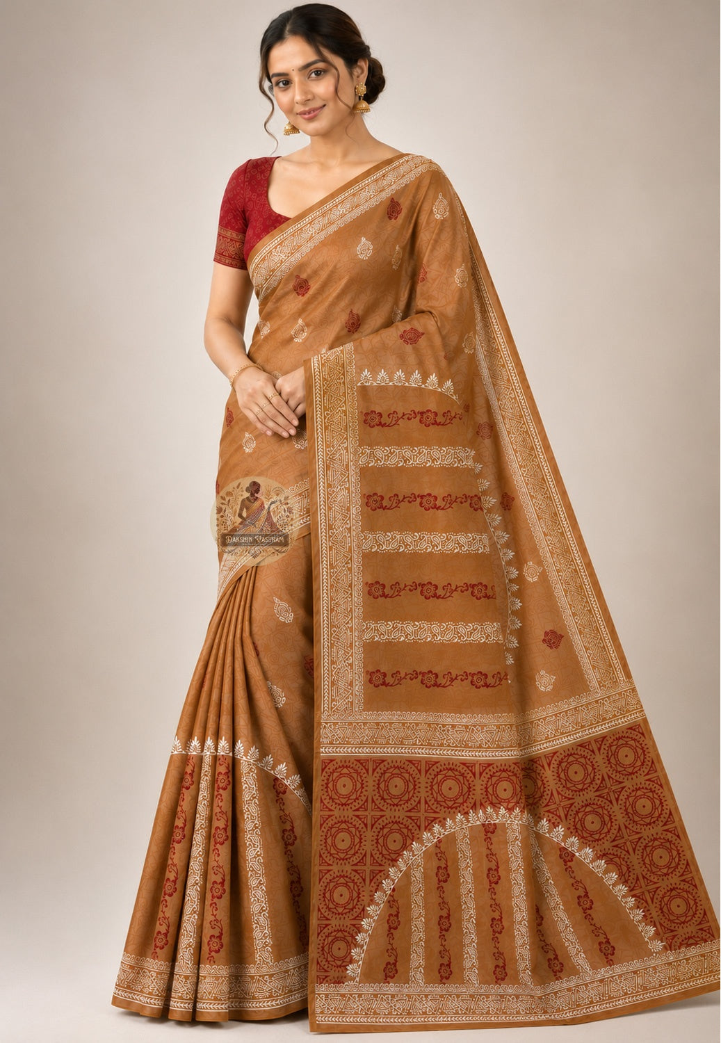 Side view of Bishnupur handwoven Katan silk saree showing rich drape and lustrous silk body, Bengal heritage