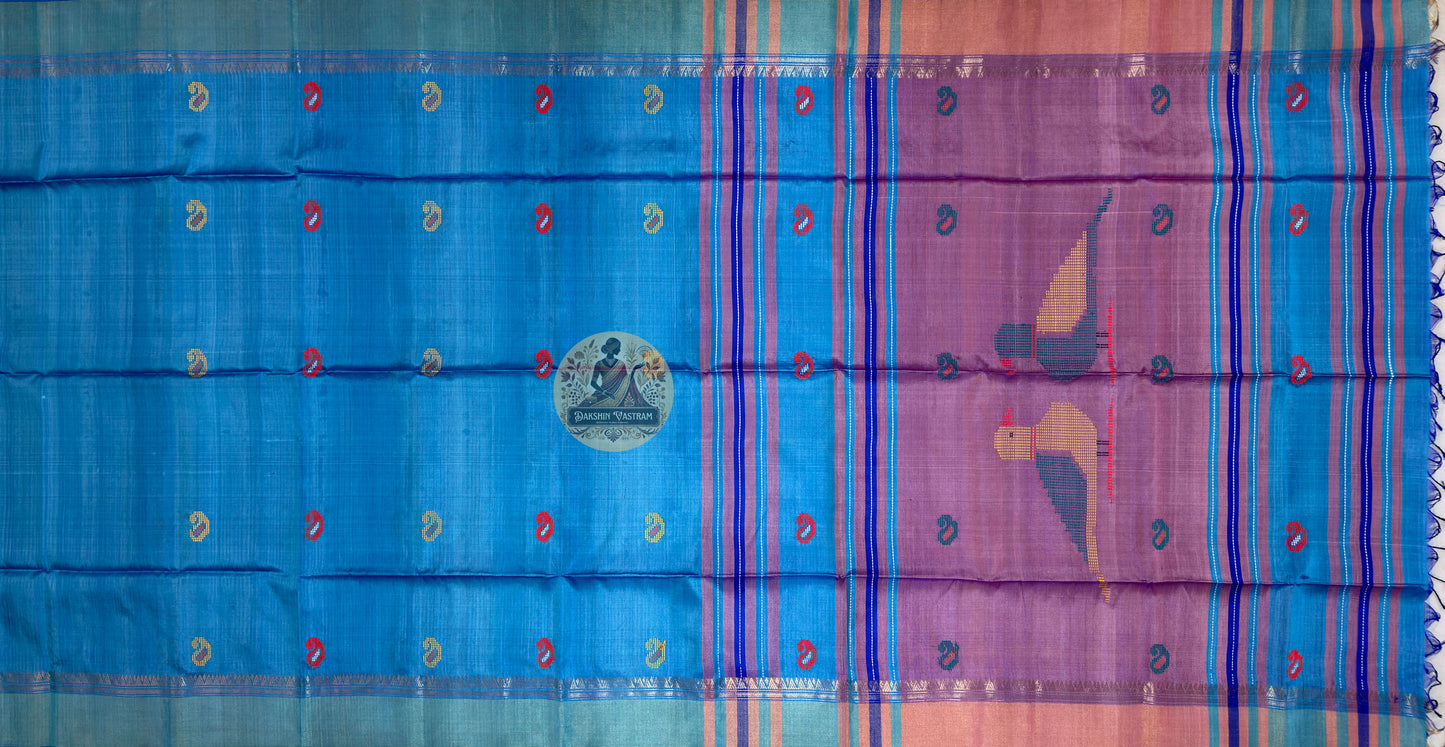 Close-up of handloom Bishnupur Katan silk saree showing precisely woven classical border motifs and fine butis (small woven motifs) on natural Katan silk ground, classical sensibility never abandoned