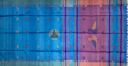 Close-up of handloom Bishnupur Katan silk saree showing precisely woven classical border motifs and fine butis (small woven motifs) on natural Katan silk ground, classical sensibility never abandoned