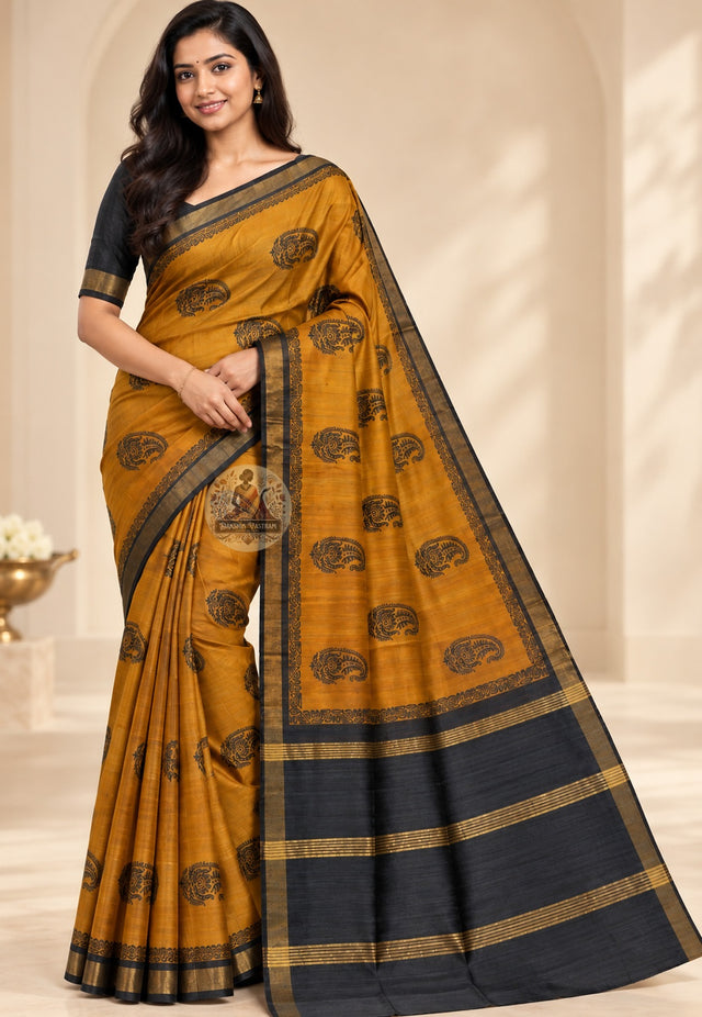 Front view of Ghicha Tussar pure silk saree with natural slub texture and earthy matte lustre, handloom woven in West Bengal for festive and cultural occasions