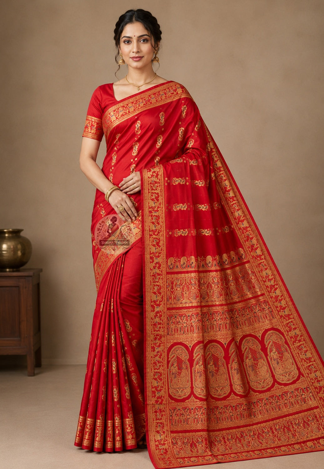 Front view of Swarnachari handloom silk saree with well-proportioned golden zari border and woven mythological motifs, West Bengal living craft tradition