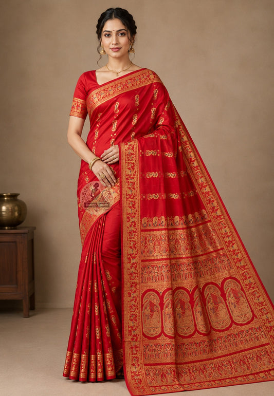 Front view of Swarnachari handloom silk saree with well-proportioned golden zari border and woven mythological motifs, West Bengal living craft tradition