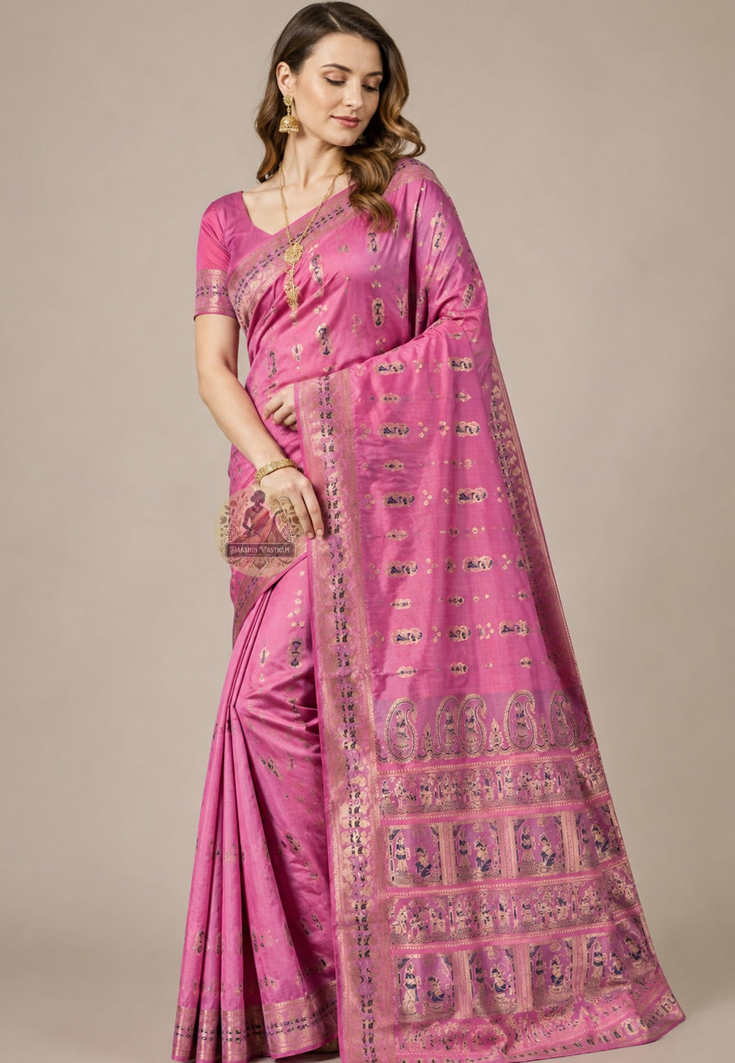 Front view of Swarnachari Silk Saree with pure golden zari Radha-Krishna flute scene and floral vine border West Bengal