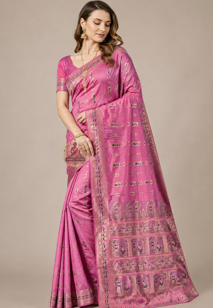 Front view of Swarnachari Silk Saree with pure golden zari Radha-Krishna flute scene and floral vine border West Bengal