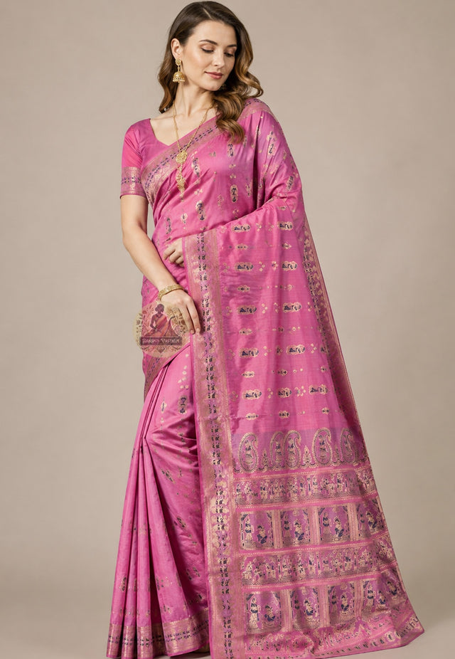Front view of Swarnachari Silk Saree with pure golden zari Radha-Krishna flute scene and floral vine border West Bengal