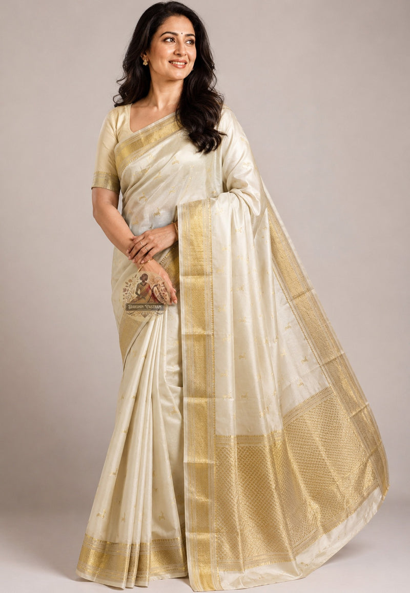 Chhattisgarh Tussar silk saree in natural forest gold full drape, handwoven from wild silk — the saree of quiet confidence, Dakshin Vastram