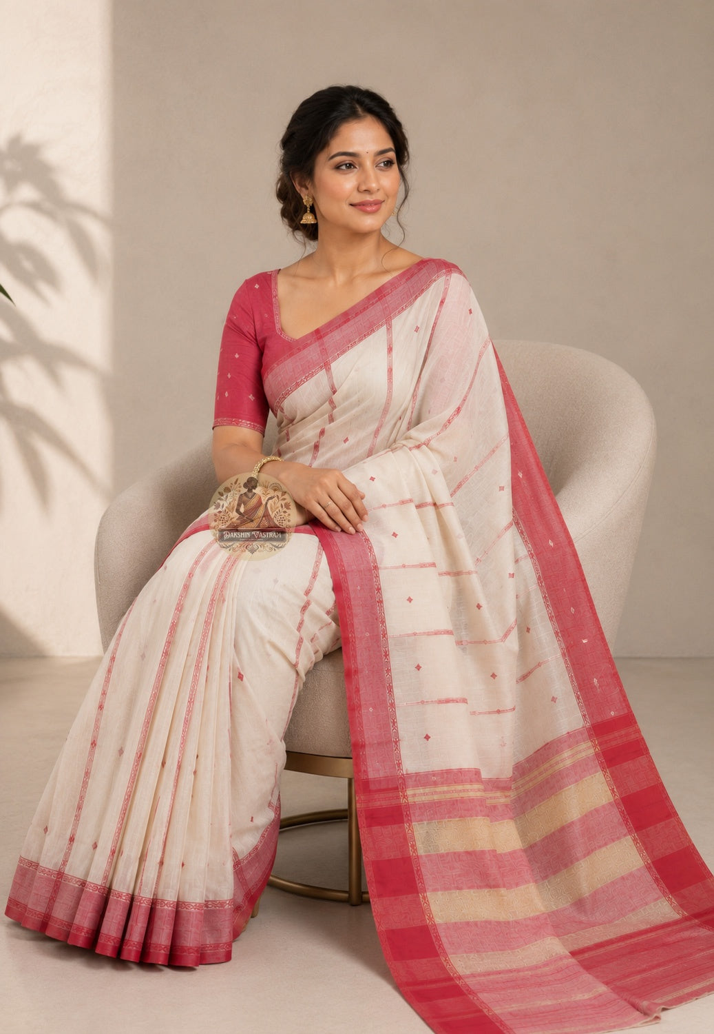 Front view of West Bengal handloom pure cotton saree draped in classic Nivi style