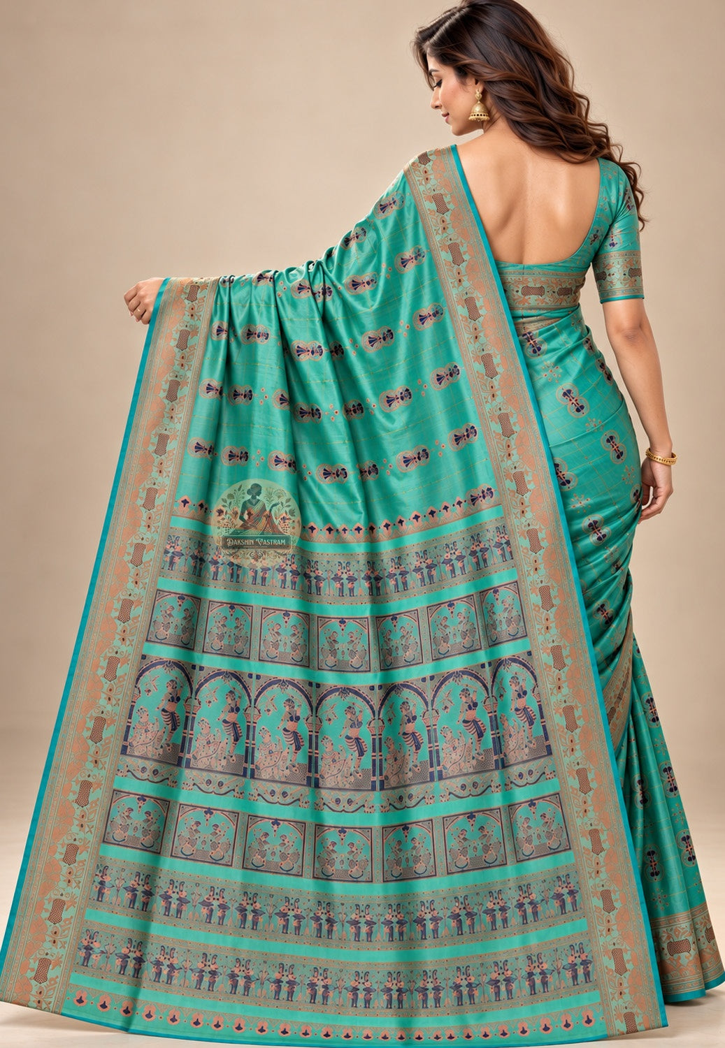 Rear view of green Swarnachari silk saree showing the pallu draped over the shoulder
