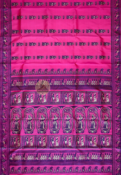Close-up of running blouse fabric from Rani Pink Baluchari Silk Saree set, featuring coordinating handwoven rani pink pure silk with complementary navy Baluchari motif border detail