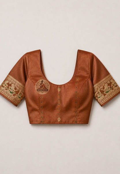 Matching unstitched blouse piece of Swarnachari silk saree in pure handloom silk with golden zari identity border trim, included with saree for tailoring to fit
