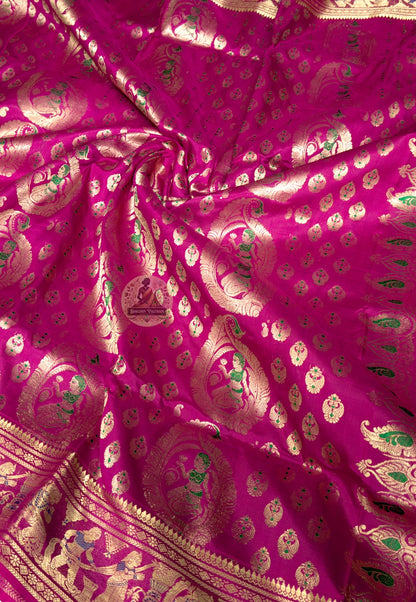 Close-up of golden zari intertwined creeper border detail on Swarnachari Silk Saree anniversary gifting Bishnupur Bengal handloom