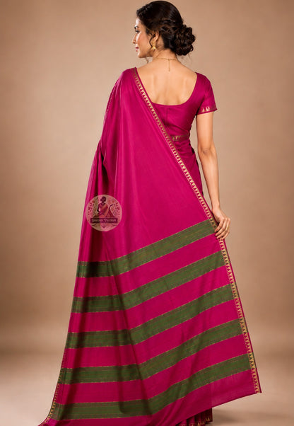 Rear view of handwoven Bishnupur Katan Silk Saree revealing the full pallu with hand-woven heritage motifs drawn from Bishnupur's terracotta temple tradition, every thread placed by human hands on the loom