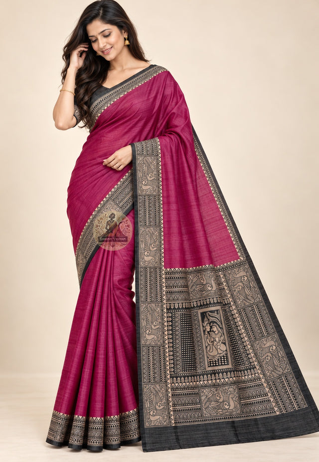 Front view of Ghicha Tussar pure silk trousseau saree with natural slub texture and earthy matte lustre, handloom woven in West Bengal for bridal gifting occasions