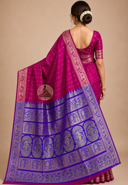 Rear view of Swarnachari silk saree with full golden zari pallu, hand-woven mythology motifs, Bengal handloom